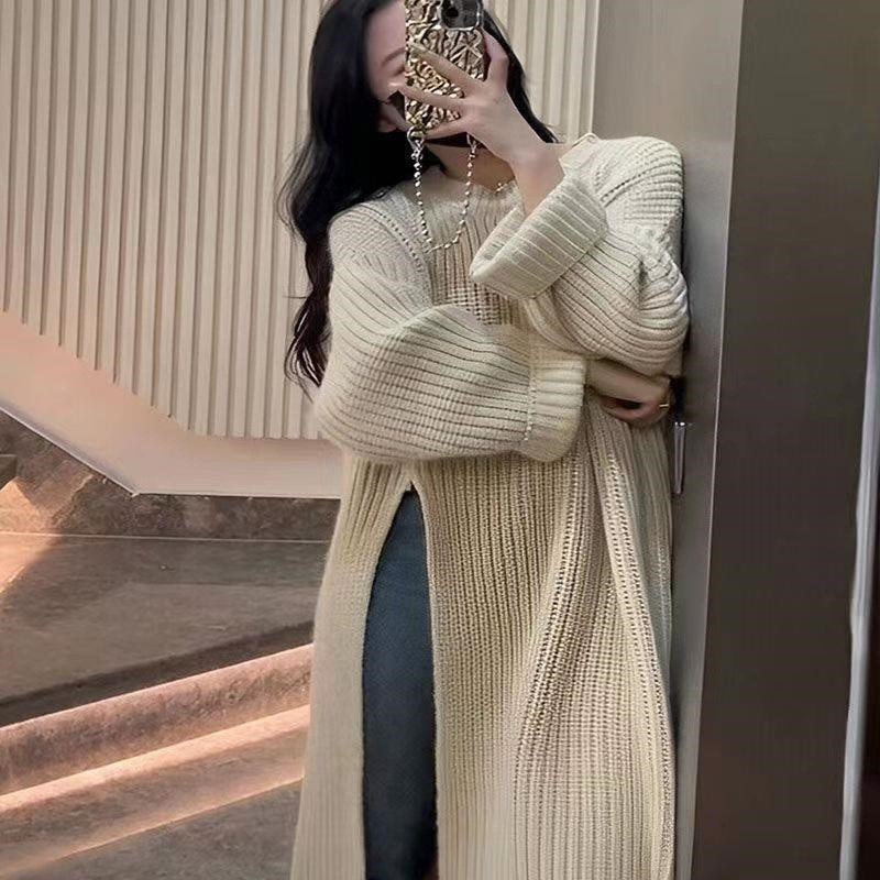 Autumn Lazy Style Round Neck Pullover Knitted Dress for Women Loose Slimming Look Knee-Length Mid-Length Side Slit Sweater