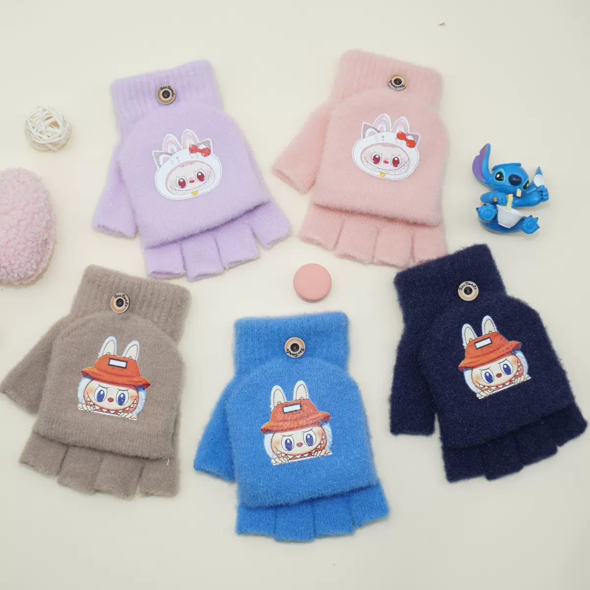 冬季儿童卡通翻盖半指手套加绒保暖毛线针织可爱露指男女学生防寒