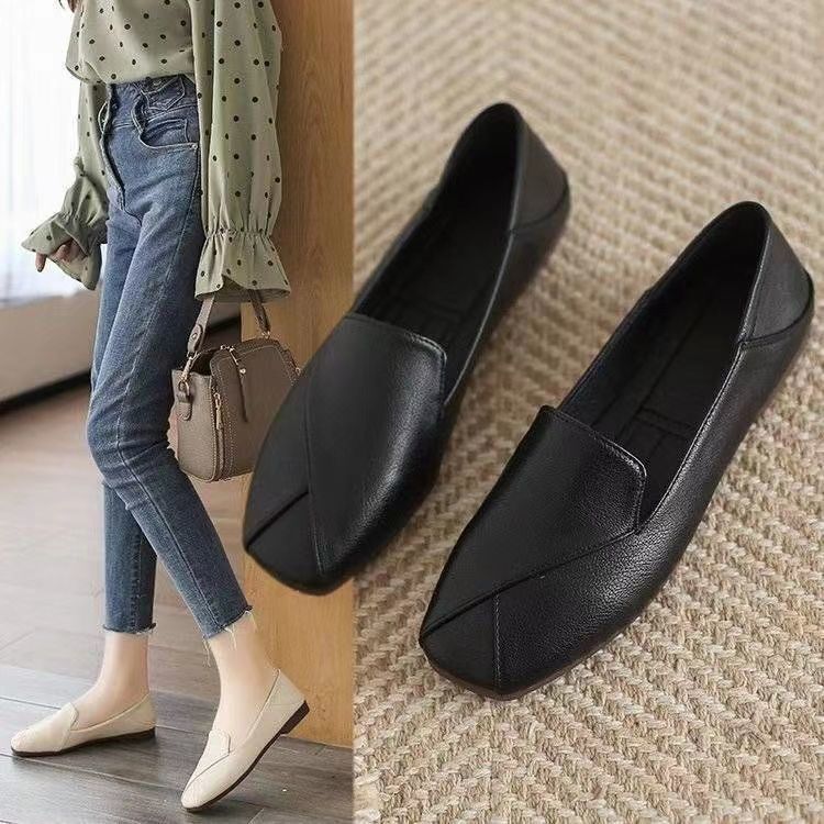 Flat Shoes for Women with Fat Feet, Small Leather Shoes, Comfortable Soft-Soled Soft Leather Work Shoes, Bean Shoes, Large Size Scoop Shoes 42