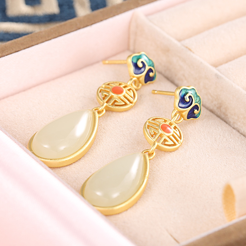 925 Sterling Silver Material 1 Pair 925 Sterling Silver Jade Water Droplets Drop Earrings