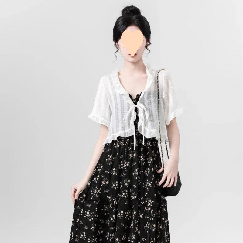 女性用の耳介半袖シフォンカーディガン、サスペンダースカート付きの新しい夏スタイル、ショート薄手のショールブラウス|undefined