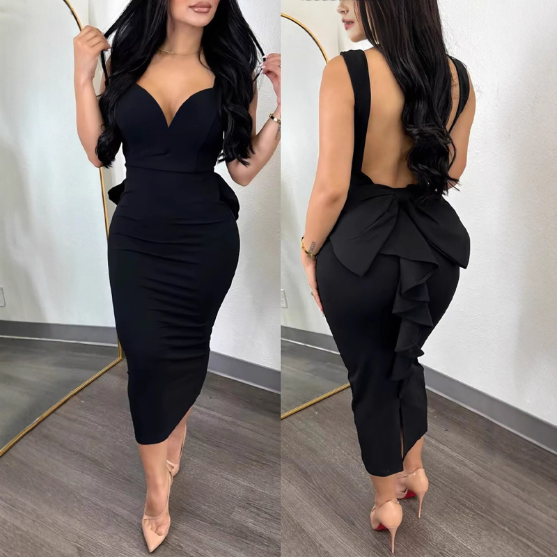 European and American Cross-border Women's dress Ruffled Slip Skirt V-neck Backless Mid-length Evening Dress dress European and American Cross-border Women's dress Ruffled Slip Skirt V-neck Backless Mid-length Evening Dress dress
