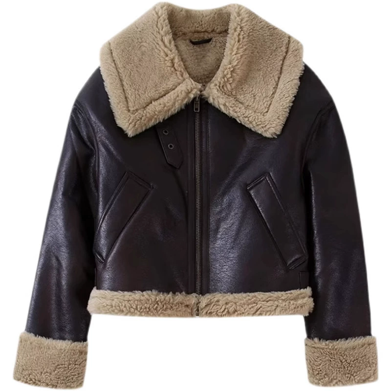 Оптовая продажа новых европейских и американских утепленных коротких курток с меховой подкладкой, свободного кроя, двусторонних, коричневого цвета, для осени и зимы.