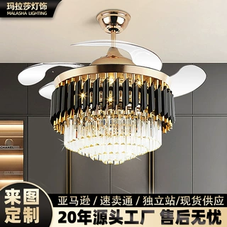 跨境欧式隐形水晶风扇灯轻奢卧室餐厅水晶吊灯变频静音客厅吊扇灯