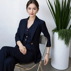 羊毛藏青色高端西装套装女春秋气质马甲微喇裤三件套职业西服套装