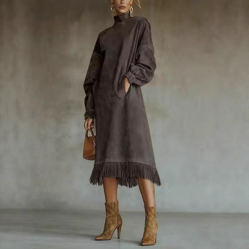 Cross-Border 2025 European and American New Style High-Neck Suede Retro Loose Pocket Tassel Long-Sleeve Dress Long Skirt