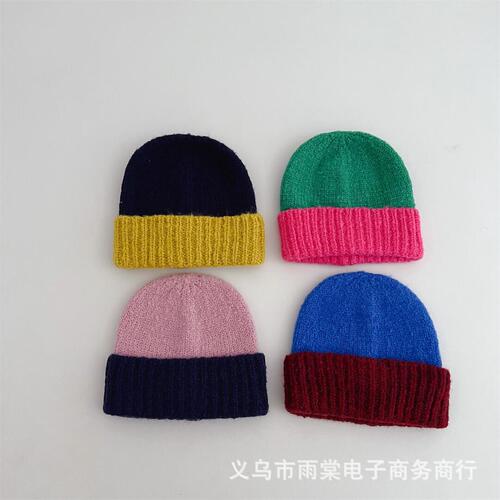 Korean children's knitted hat, personalized color-blocked brimless beanie for autumn and winter, unisex for kids and babies, travel warm knitted hat