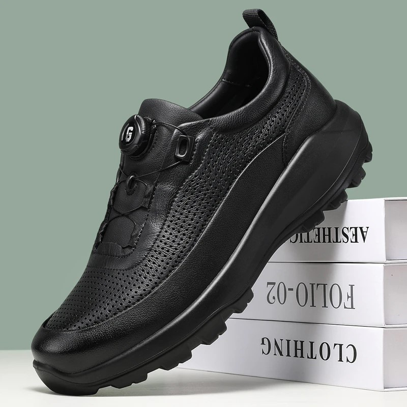 Men's Rotating Button Leather Sneakers, Black Non-Slip Sports Casual Shoes, Thick-Soled Breathable Outdoor Hiking Shoes, Waterproof Men's Rotating Button Leather Sneakers, Black Non-Slip Sports Casual Shoes, Thick-Soled Breathable Outdoor Hiking Shoes, Waterproof