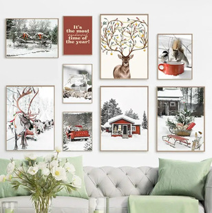 Nordic snow Christmas living room bedroom poster Amazon Christmas red decorative painting canvas painting home reindeer