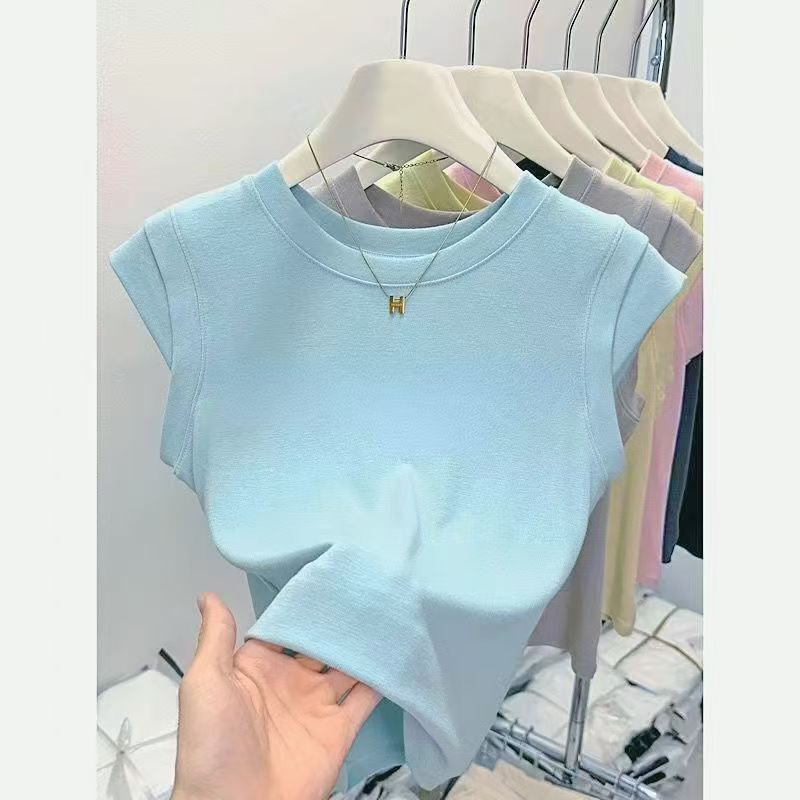 Sweet All-match Top Short-sleeved Summer Figure Slimming Korean Style Sleeveless Round Neck Casual Women's Shirt