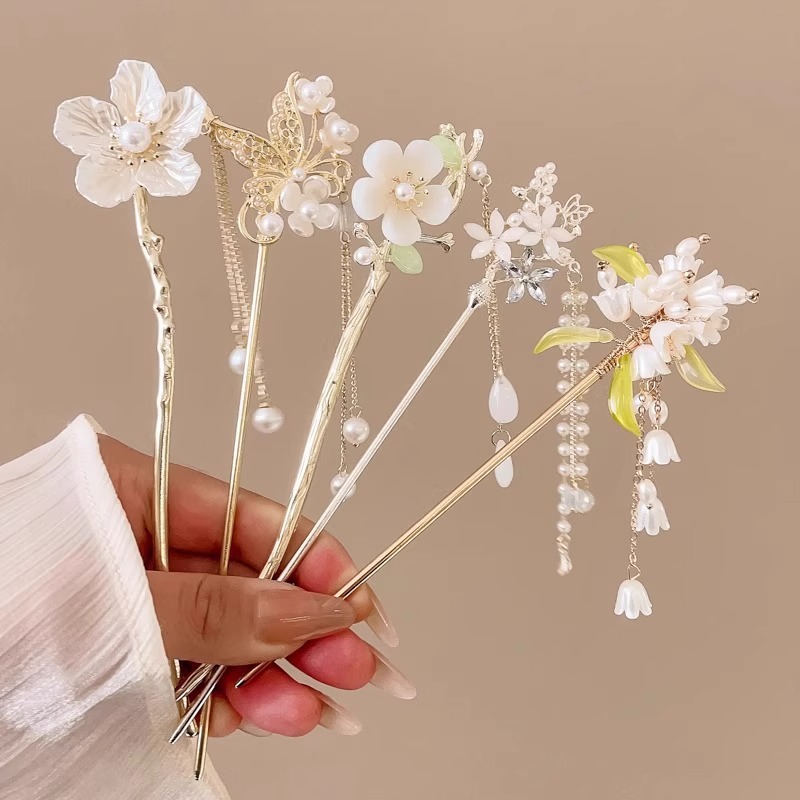 Horquilla de flores con flecos de estilo antiguo, sentido de alto nivel femenino, horquilla de cabello Hanfu de todo fósforo, horquilla de cabello en la parte posterior de la cabeza, tocado