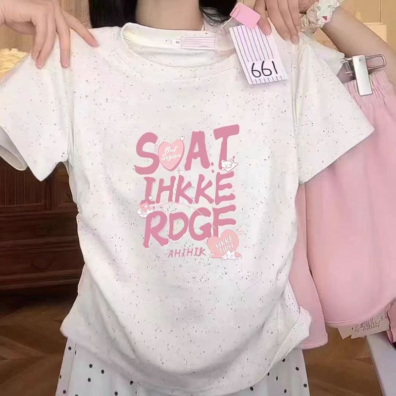 女の子韓国カラフルなドット Tシャツ 2025 夏の新しいラウンドネック漫画プリント半袖トップス西洋スタイルトレンドインスタイル|undefined