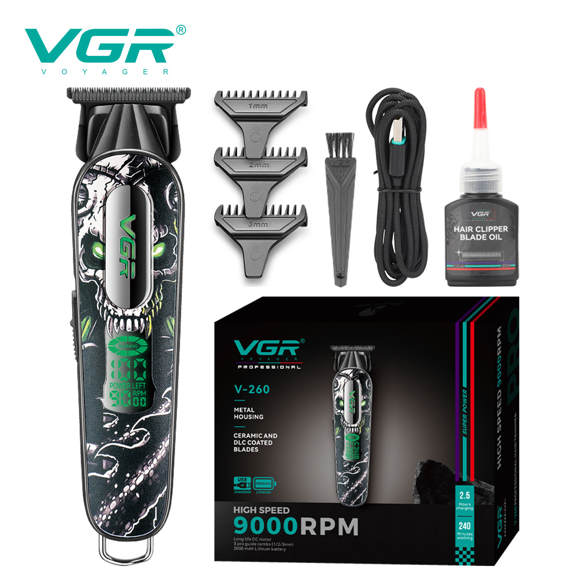 VGR260 Professional Electric Hair Clipper High Speed 9000RPM Engraving Function Digital Display Rechargeable Type_voghion.com