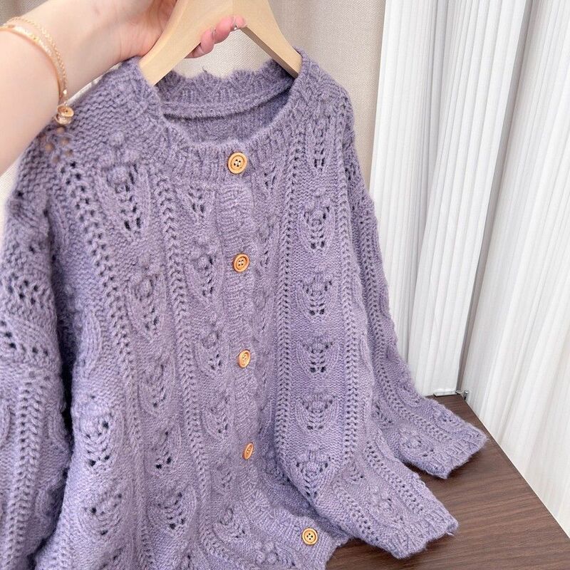 Gentle and Lazy Style Hook Pattern Cut Out Knitted Cardigan for Women Spring & Fall Loose Soft and Cute Lace Sweater Jacket Top