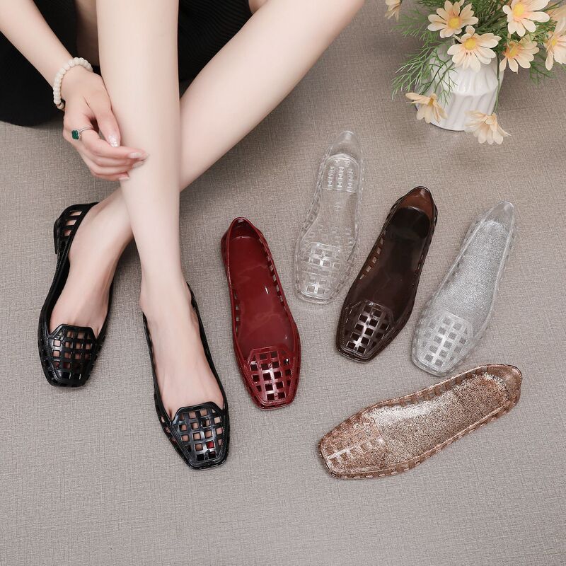 Korean Shallow Jelly Shoes with Square Toe, Hollow Crystal Design, Flat Slip-On Sandals for Women Korean Shallow Jelly Shoes with Square Toe, Hollow Crystal Design, Flat Slip-On Sandals for Women