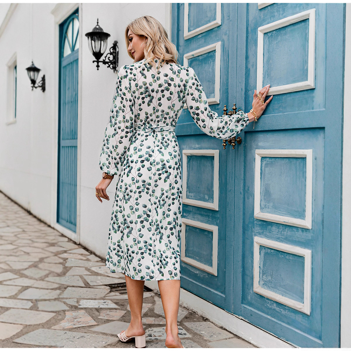 2025 European and American cross-border foreign trade printed spring and summer long-sleeved lace-up A-line green leaf women's dress with high waist