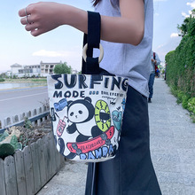 卡通熊猫手提袋帆布包女大容量水桶包2025春夏新款饭盒袋一件代发