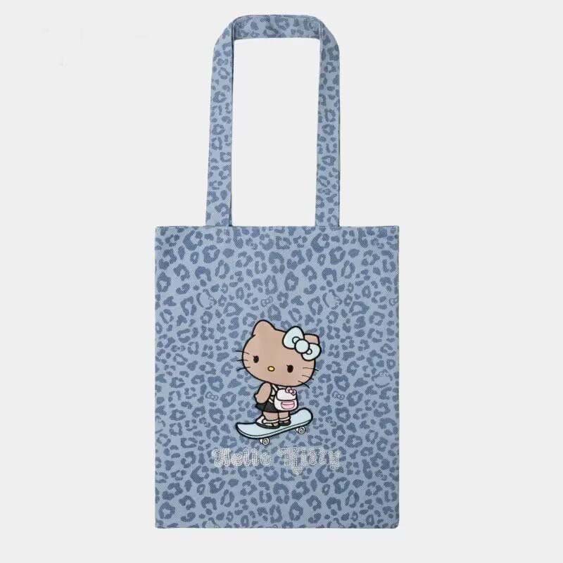 黑皮Hello Kitty烫钻托特女士帆布大容量单肩包购物袋斜挎包