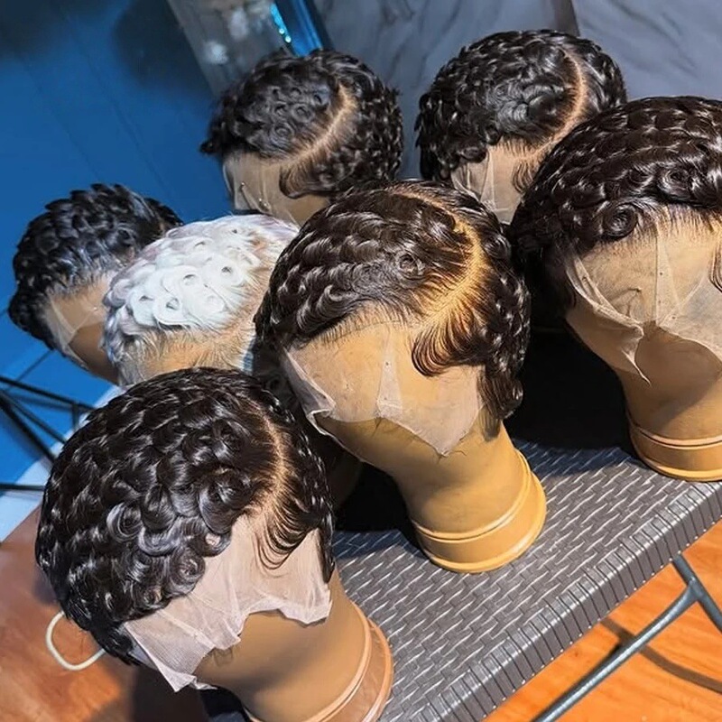 8 Inch 13X4 Pixie Wig Human Hair Curly C Part Human Hair Export Amazon Hot Style