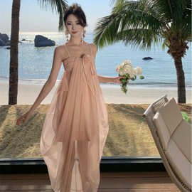 2025夏季新款纯欲连衣裙松弛感海洋度假风肤色网纱仙女吊带裙女