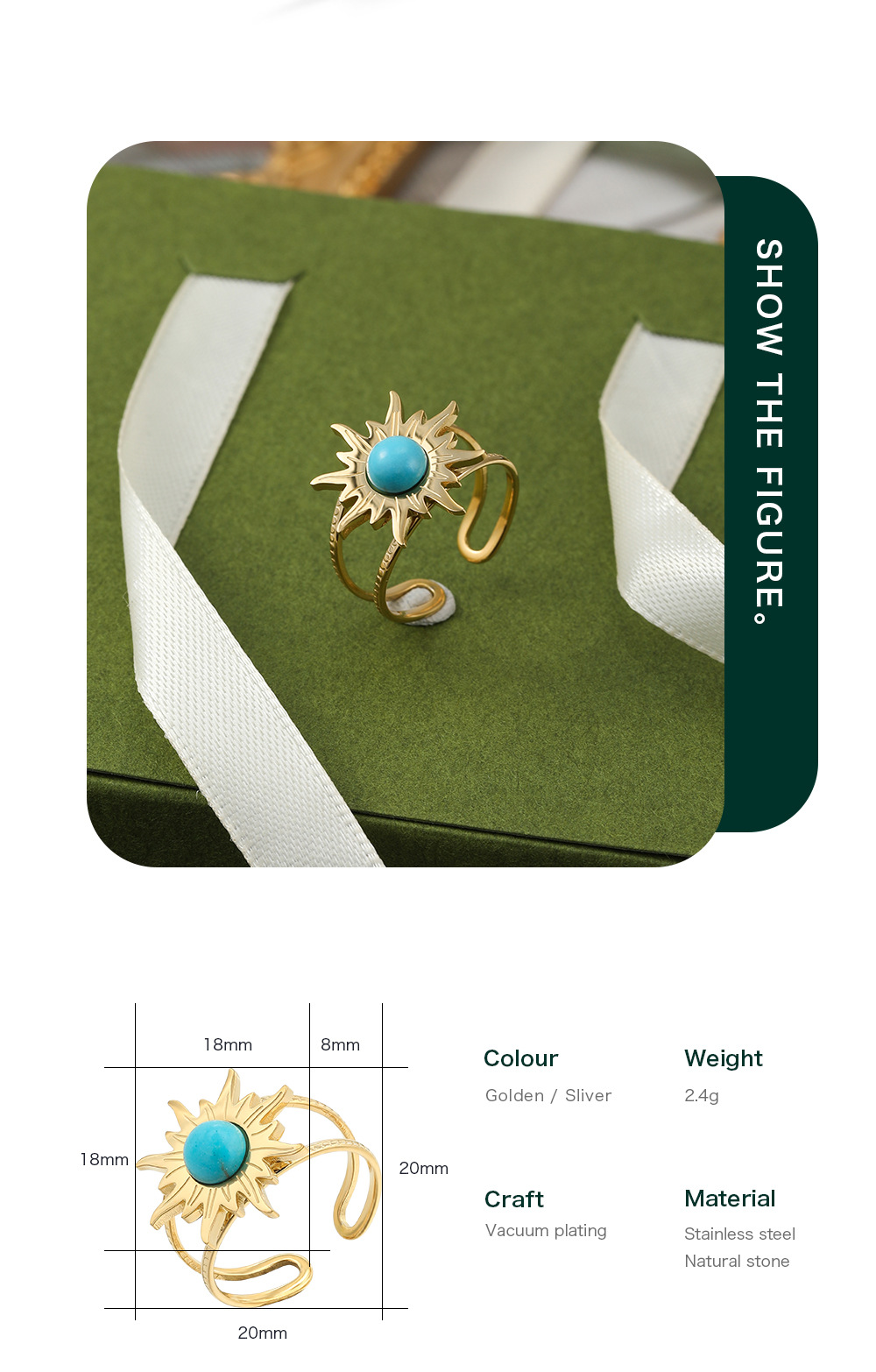 Retro Sun Stainless Steel Open Ring Metal Turquoise Stainless Steel Rings