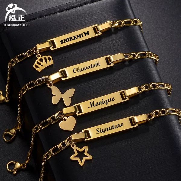 Cross-Border Foreign Trade Stainless Steel Children's Bracelet DIY Personalized Engraving Long Bar Bracelet with Crown Pendant for Kids