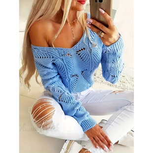 O 49070 V-neck hollow solid knit sweater V �I�U�ռ�ɫᘿ�ë