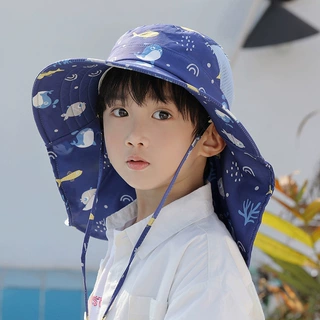 印卡通儿童防晒帽户外防紫外线防晒太阳帽大帽檐遮脸护颈渔夫帽