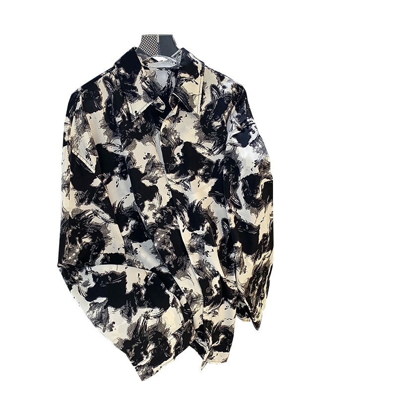 Camisa de verano para hombre de manga larga delgada drapeado camisa de protección solar sin planchar volantes guapo camisa impresa de pintura de tinta de alto grado