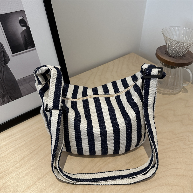 Bolso de mano coreano retro simple pequeño bolso de lona a rayas frescas, moda casual de gran capacidad bolso de hombro de mujer