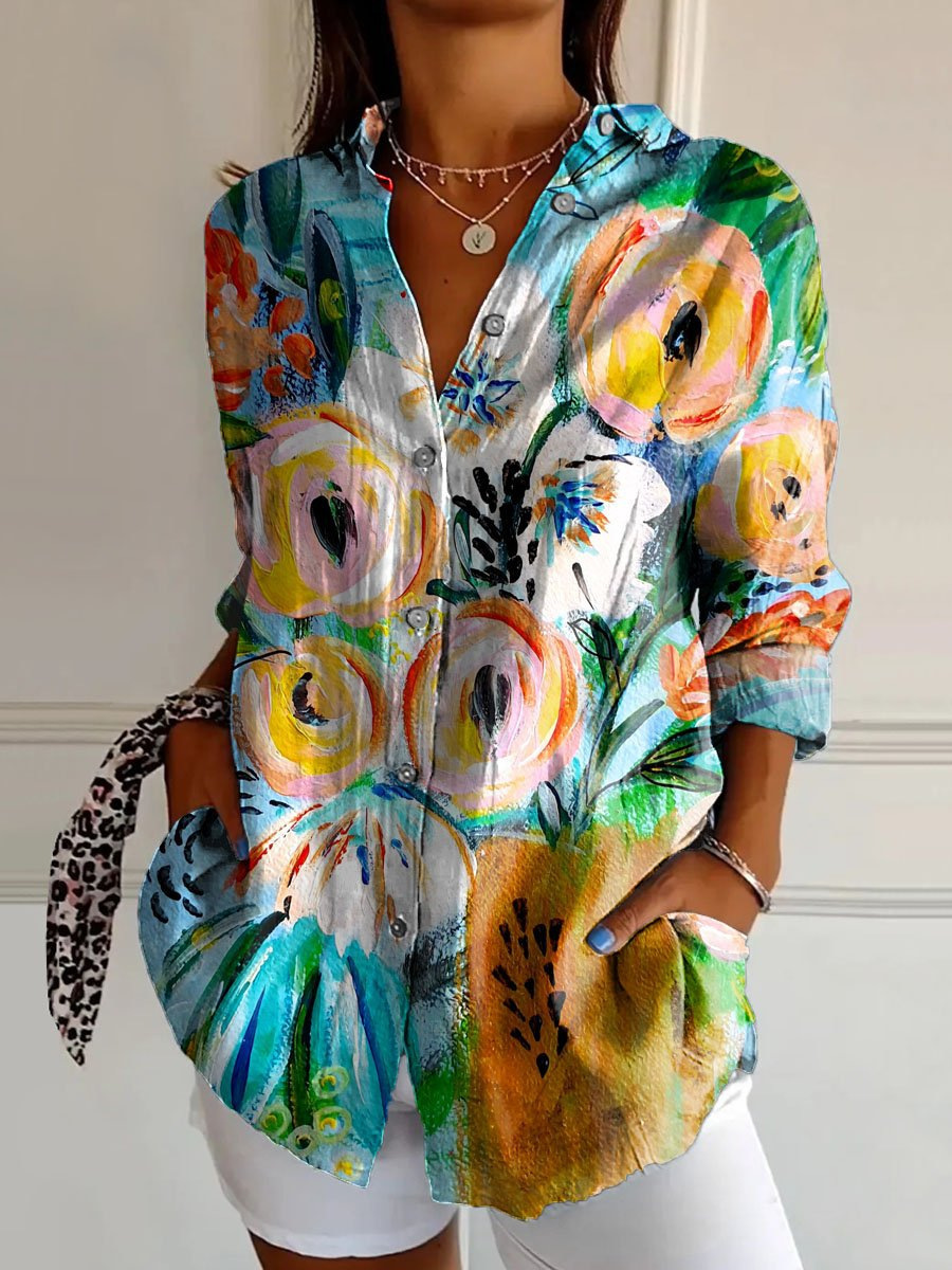 Damen Bluse Mit Blumenmuster Und Dreiviertelarm Sommerhemd_voghion.com