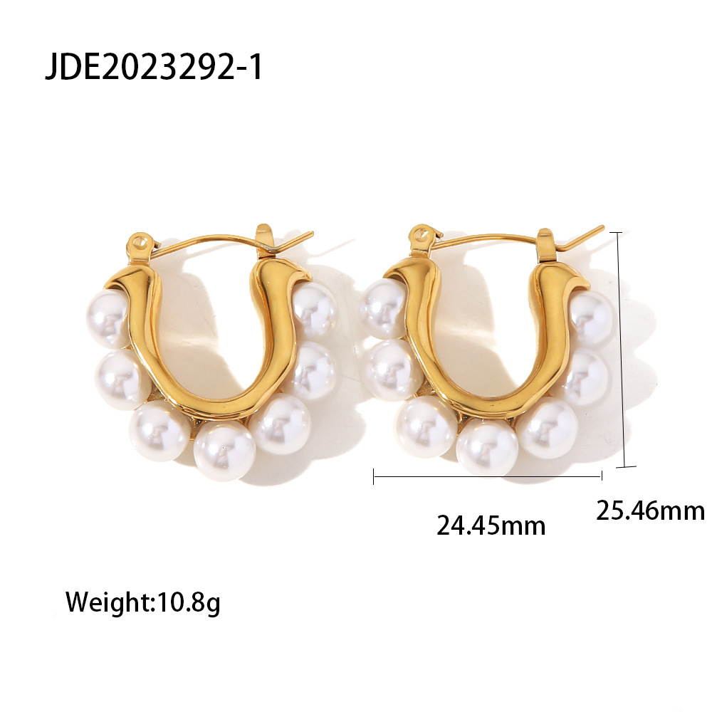 Retro Geometric Stainless Steel Pearl Hoop Earrings 1 Pair