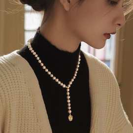 7-8淡水珍珠项链近圆微瑕 高品质淡水珍珠随意扣茶花款长款毛衣链