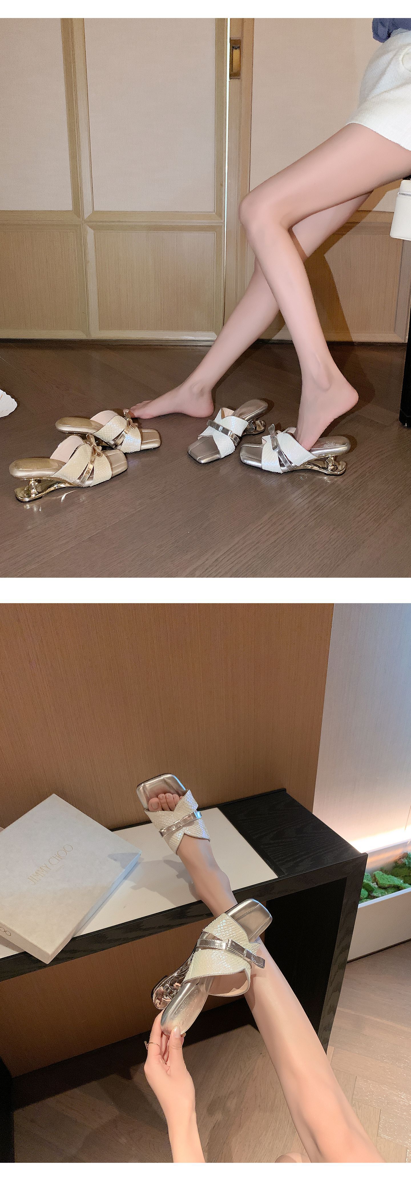 Sandal cao gót nữ mũi vuông hở ngón, quai ngang nơ bướm, đế xuồng êm chân — màu vàng, bạc chi tiết 17