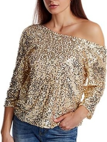 2025 European and American new style AliExpress European and American new loose sequin slanted shoulder short-sleeved casual sequin deep V shirt