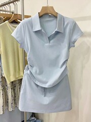 巨好看的夏日套装女搭配小个子设计感POLO领收腰短袖半身裙两件套