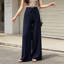大朗毛衣工厂批发秋冬优雅淑女蓝色高腰弹力系带直筒针织休闲长裤