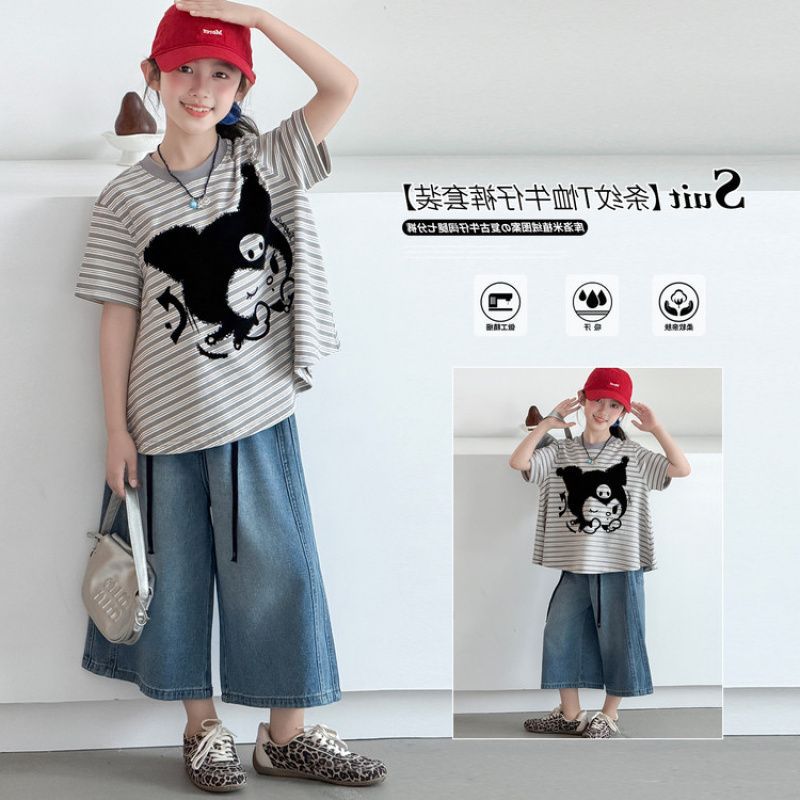 Zhili children's summer striped T-shirt for girls, 2026 new style, fashionable and versatile short-sleeved for middle and large children, Korean style.