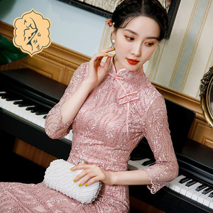 Women's stand-up collar pink lace chinese dress qipao oriental cheongsam retro dresses fashion lace cheongsam