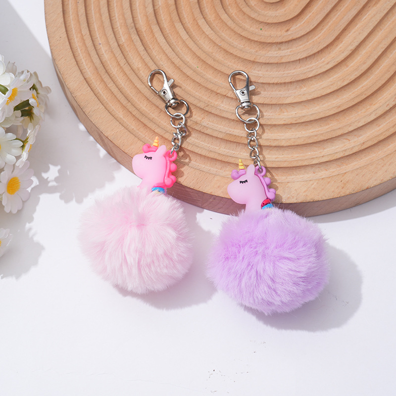 厂家独角兽毛球钥匙扣 小马毛球挂件 女包包汽车卡通挂饰跨境饰品