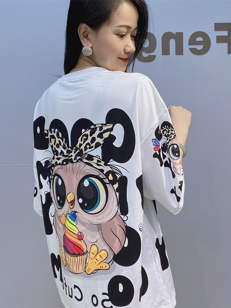 Comercio exterior moda transfronteriza nueva camiseta de manga corta con cuello redondo para mujer verano 2025 nueva camiseta suelta de media manga de diamantes brillantes de la industria pesada