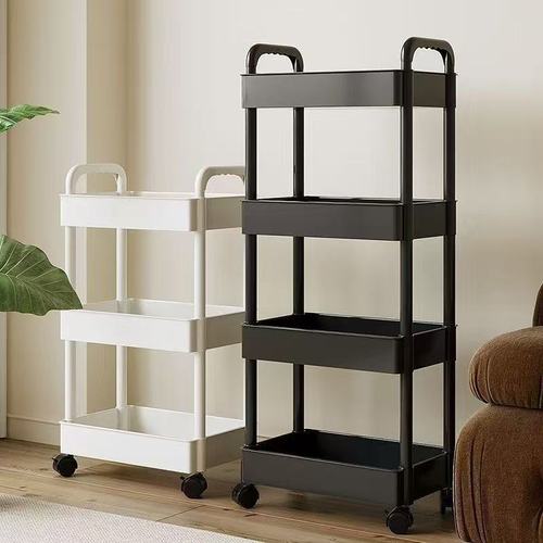 Small cart-style shelving unit, mobile floor-standing storage rack for snacks and sundries, multi-tiered home organizer, bedside shelf—single piece