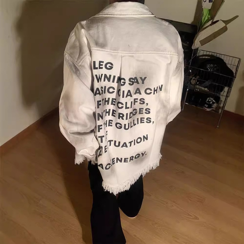 White Denim Jacket Men's Spring and Autumn American Style Retro Trendy Brand Design Sense Destruction Rust Lar Crock Jacket