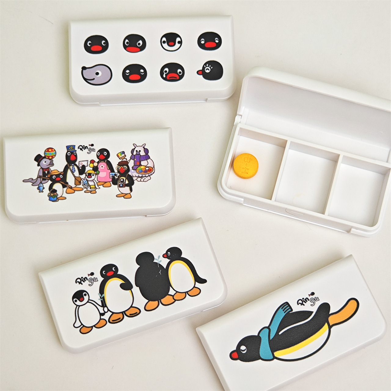 pingu企鹅三格收纳盒卡通迷你药盒 便携式分装药盒  旅行急救盒
