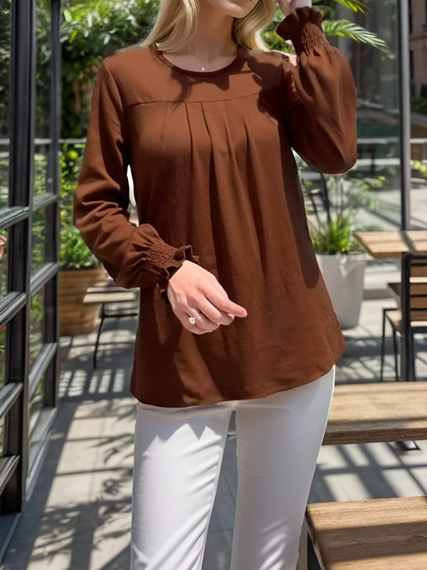 ヨーロッパとアメリカのクロスボーダー 2025 Amazon 大きいサイズの女性の秋と冬の新しいスタイルのラウンドネックパフスリーブ長袖ソリッドカラー Tシャツ女性用|undefined