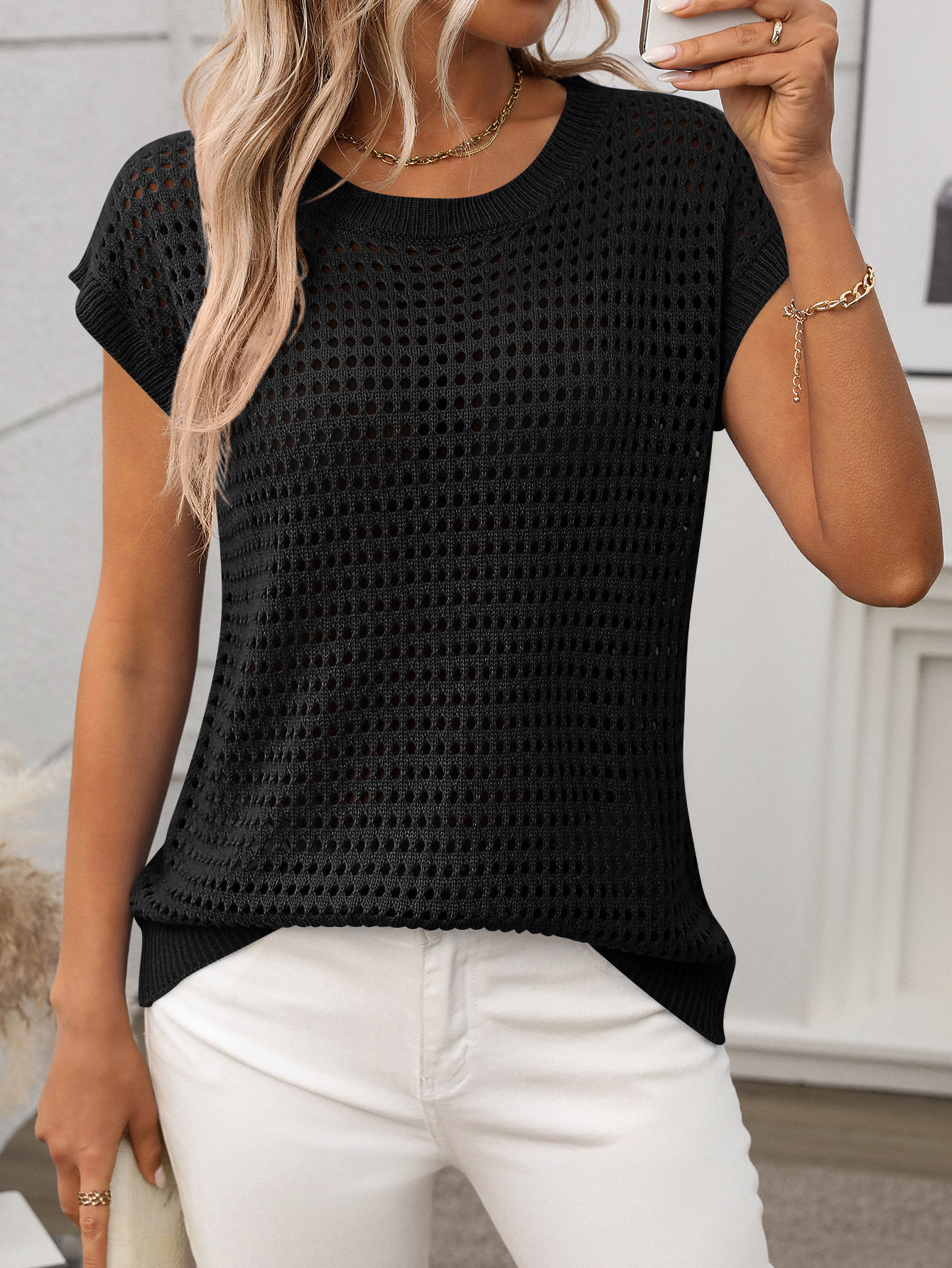 Summer Women Clothing Women round Neck Hollow Out Cutout Sun Protection Knitted Sweater Blouse