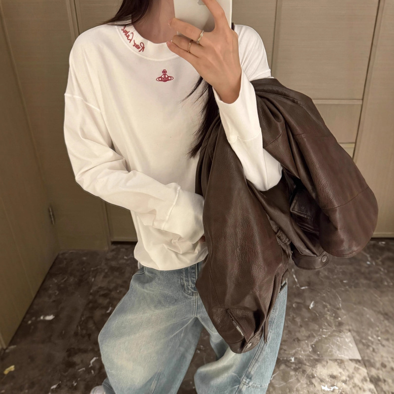 Vivi Empress Classic Red Label Saturn Embroidery Graffiti Lettering Simple Round Neck Long Sleeve T-Shirt Unisex Trend