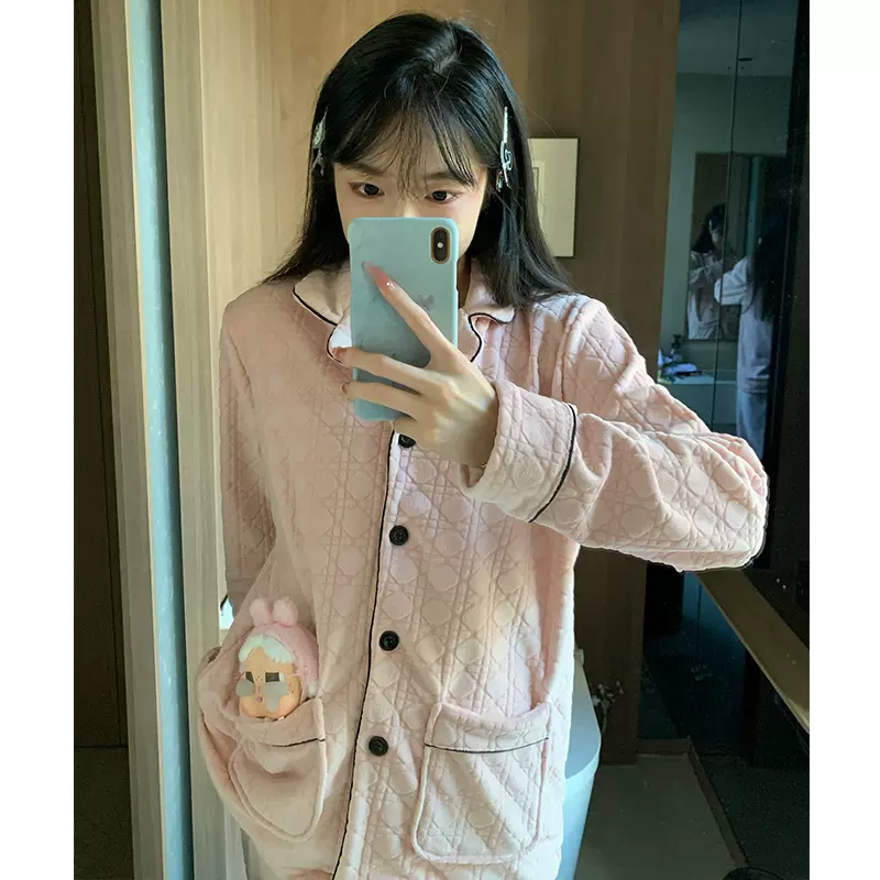 粉色菱形格简约海岛绒睡衣女秋冬季新款珊瑚绒显白保暖家居服套装