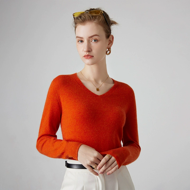 Кашемировый свитер с V-образным вырезом, женский свободный пуловер, внутренний свитер, осенне-зимний однотонный бесшовный цельный шерстяной вязаный базовый свитер для женщин
