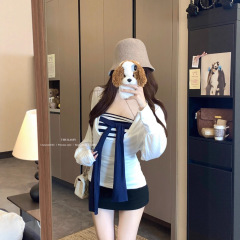 【工厂现货】白色T恤女秋季修身防晒罩衫上衣叠穿条纹抹胸两件套